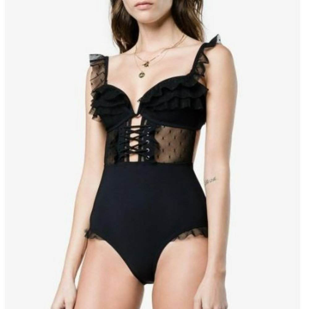Black ruffle mesh retro one piece swimsuit Zimmermann Corsair Corset inspired